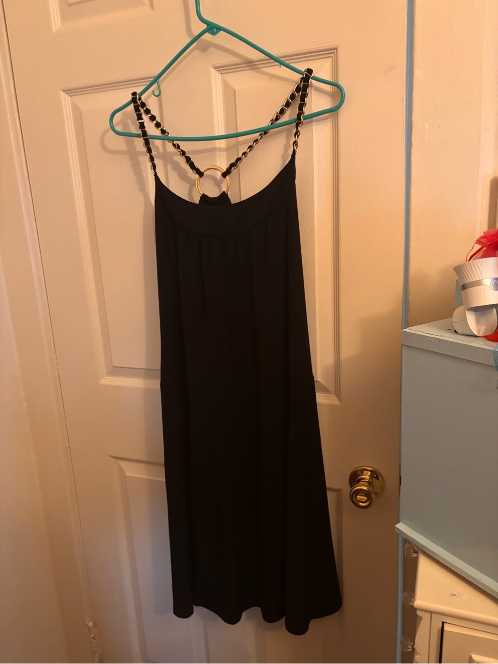 Morgan McFeeters Black Mini Dress with Gold Ring & Chain Straps